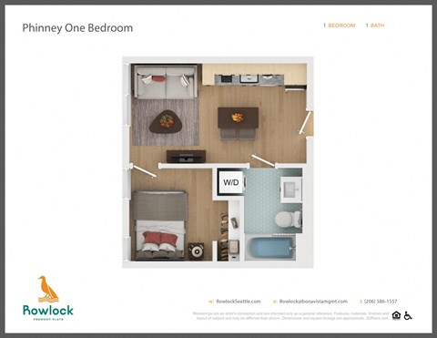 Floor plan for 1 bed, 1 bath, 352 sqft